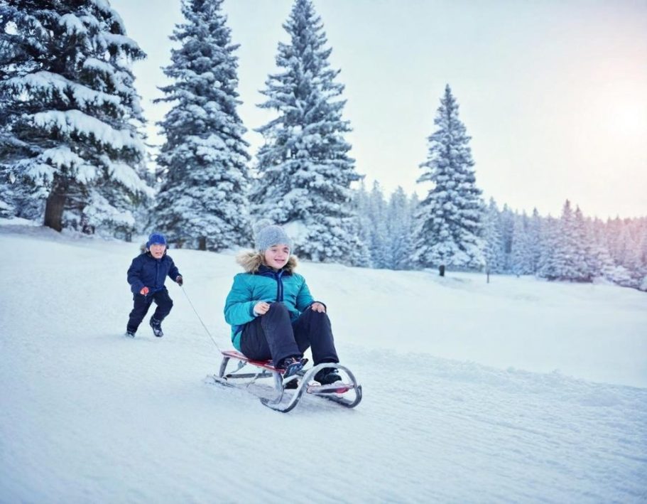 Kinder fahren Schlitten
