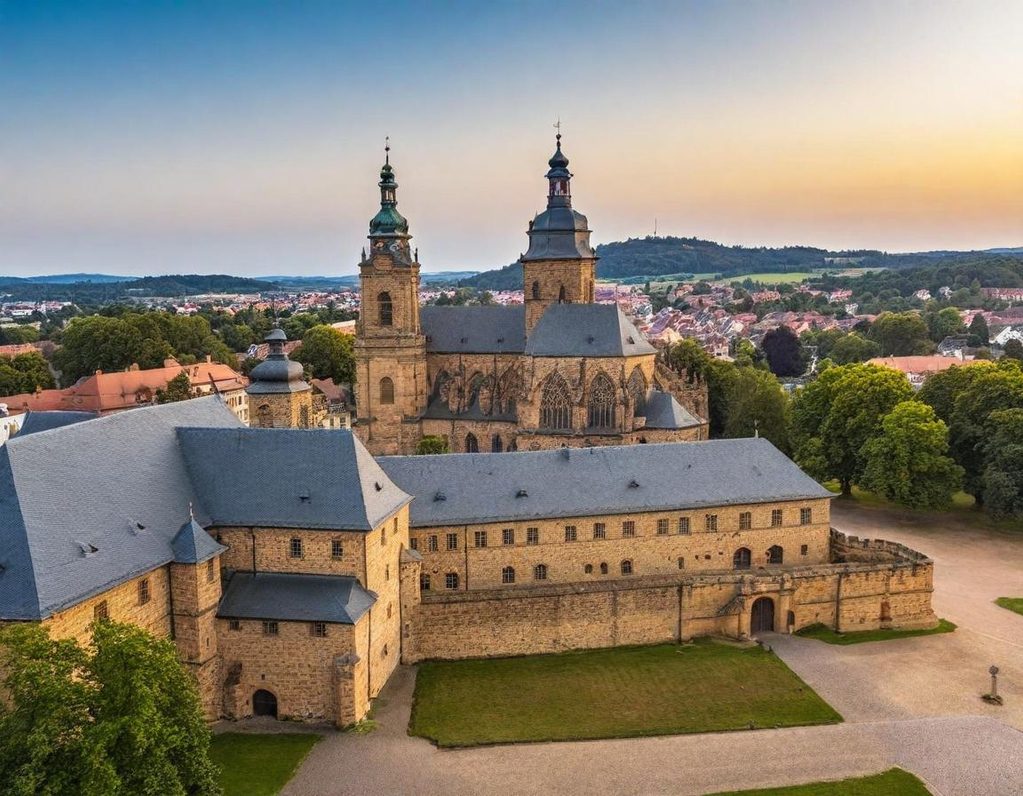 Blick auf eine historische Kirche mit Türmen im Abendlicht, umgeben von Bäumen.